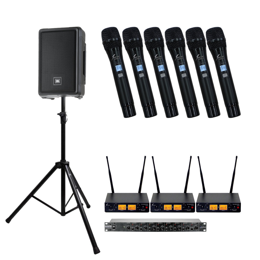 スピーカースタンド付き■JBL 簡易PAセット ワイヤレスマイク６本付き 1300W パワードスピーカー IRX108BT-Y3 セットの画像