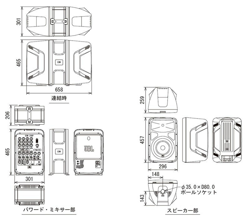 JBL EON208P 簡易PAセット + AKG WMS40 PRO MINI2 ワイヤレスマイク2本セットの画像