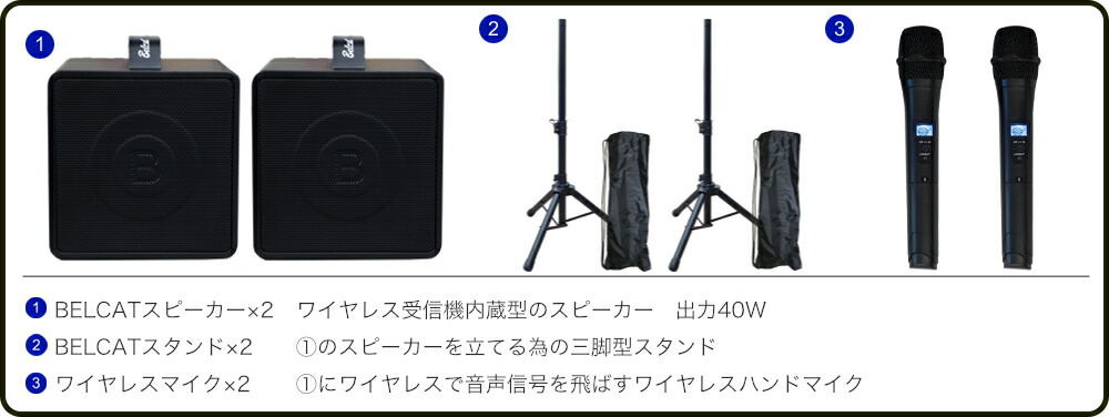 ワイヤレスマイク2本付き　スピーカー2台セット　BELCAT　出力40W　バッテリー駆動対応の画像