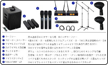 K.W.S 簡易PAセット ワイヤレスマイク3本付き 同時使用可能の画像