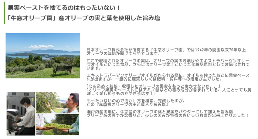 減塩しながら美味しく健康に 国産オリーブの実と葉入り、風味豊かな瀬戸内の旨み塩の画像