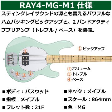 Sterling by MUSIC MAN エレキベース Ray4 Mint Green スティングレイ スターリンの画像