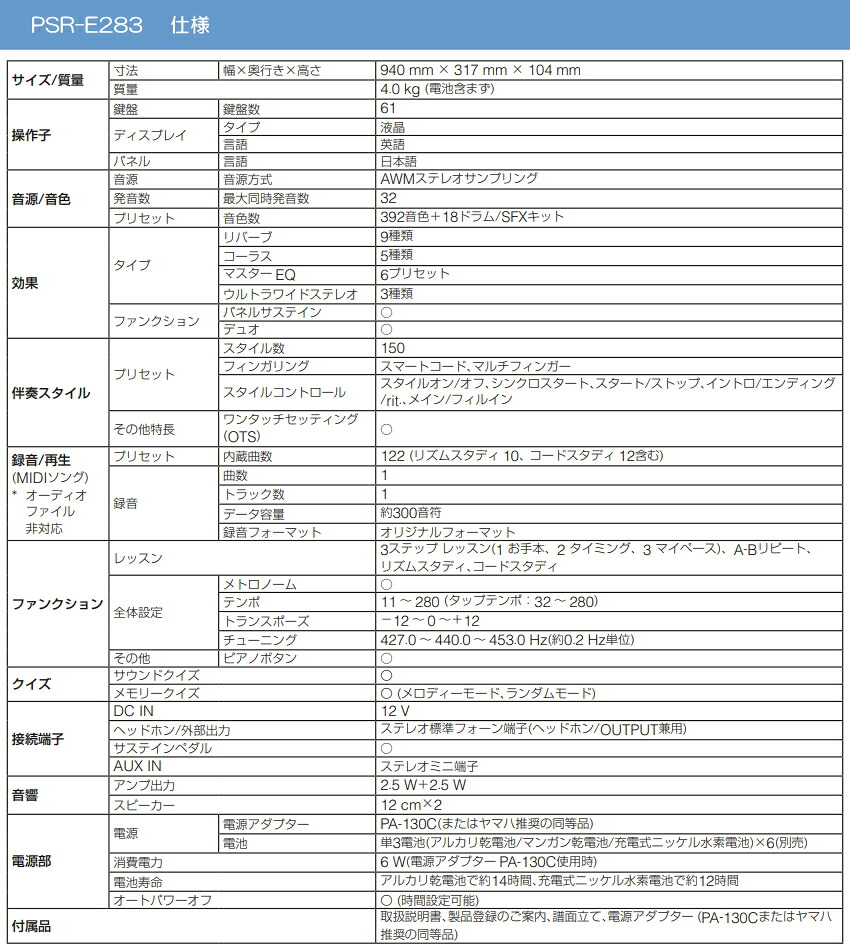 ヤマハ ポータブル キーボード PSR-E283 ピアノ YAMAHAの画像