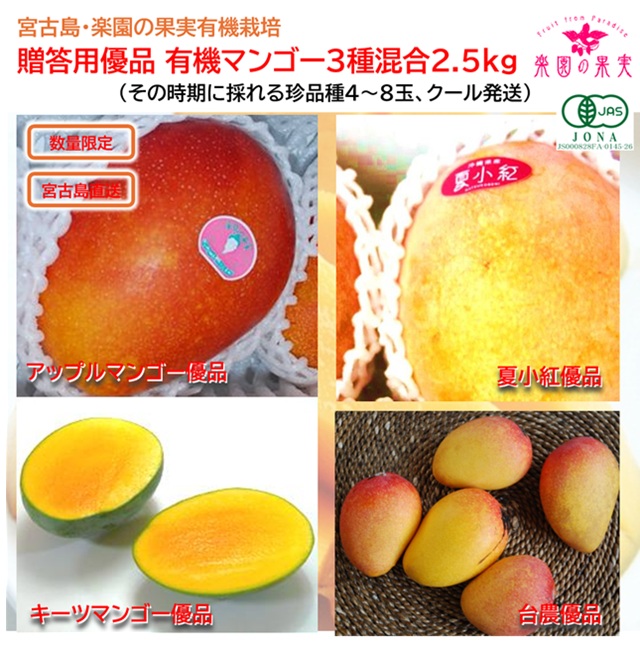 宮古島 有機完熟マンゴー優品３種混合 （2.5kg、4～6玉希少品種混合、クール送料込）楽園の果実の有機栽培高級マンゴーの画像
