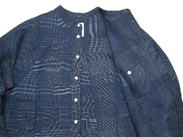 ランダムチェックインデイゴジャカードバンドカラーシャツ　MADE IN　JAPANの画像