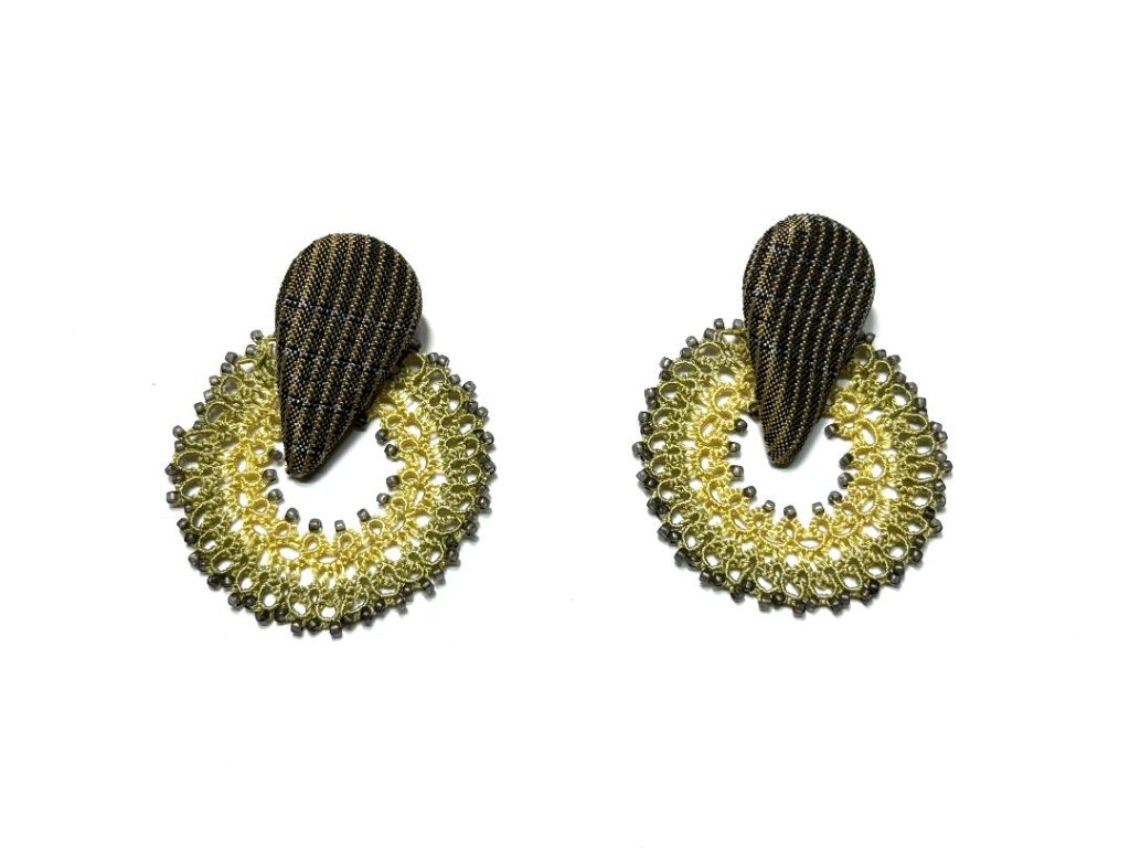 本場大島紬布カボションイヤリングの画像