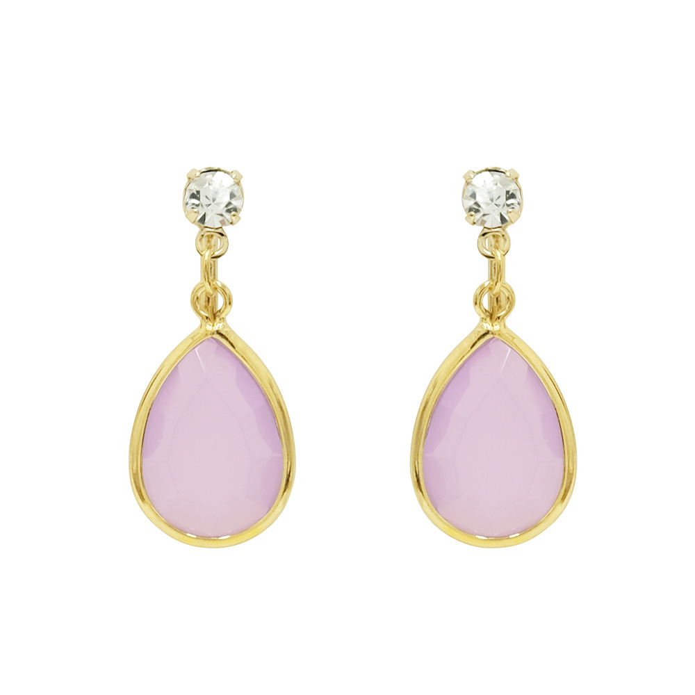 パープルのカットが入ったしずくパーツをセットしたラインストーンイヤリングの画像