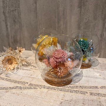 ドライフラワーガラスドーム　ピンク系の画像