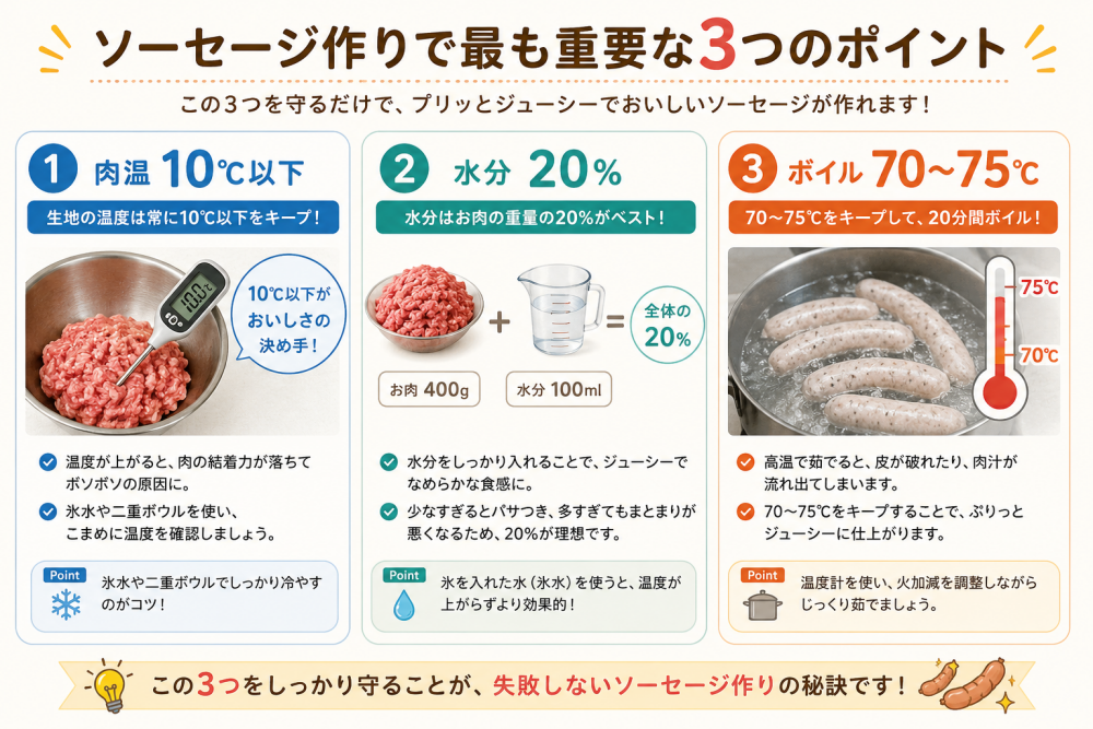 ソーセージ作りで最も重要な3つのポイント