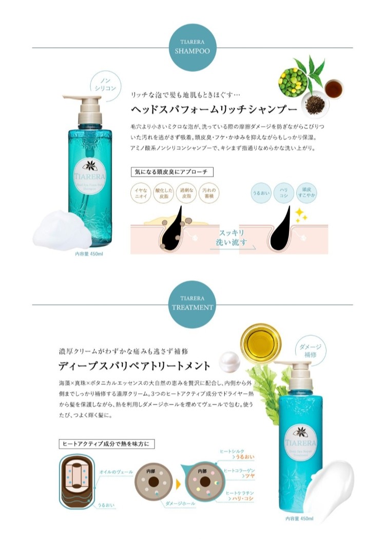 TIARERA ヘッドスパフォームリッチシャンプー&ディープスパリペアトリートメント 各450ml　シャンプー トリートメント セット コンディショナー リンス ヘアケア 頭皮ケア スカルプ 高保湿 の画像