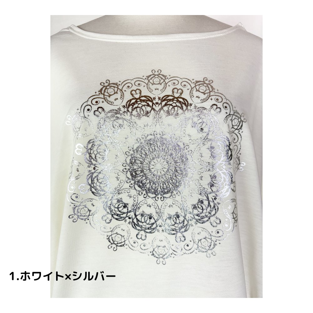 Tシャツ　ドルマン袖　夏　薄手　涼しい　ラメプリント　曼荼羅柄の画像