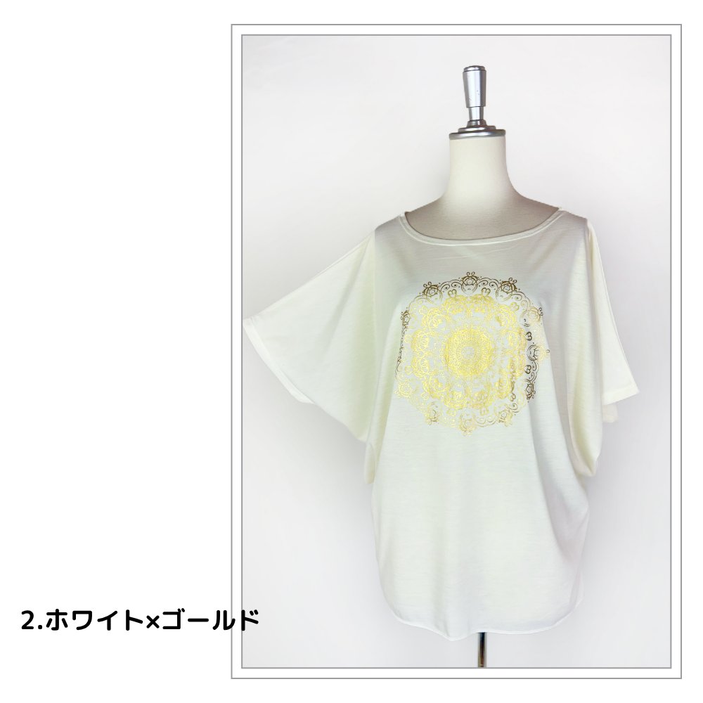 Tシャツ　ドルマン袖　夏　薄手　涼しい　ラメプリント　曼荼羅柄の画像