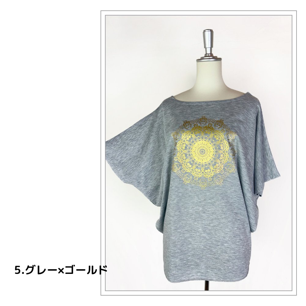 Tシャツ　ドルマン袖　夏　薄手　涼しい　ラメプリント　曼荼羅柄の画像
