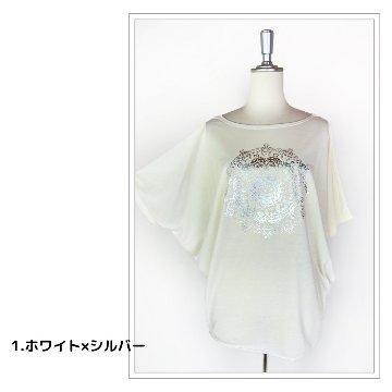 Tシャツ　ドルマン袖　夏　薄手　涼しい　ラメプリント　曼荼羅柄の画像