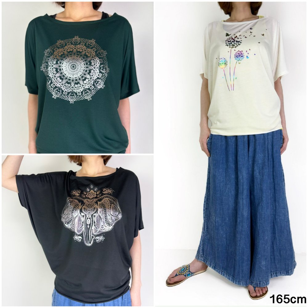 Tシャツ　ドルマン袖　夏　薄手　涼しい　ラメプリント　羽根柄の画像