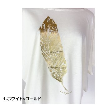Tシャツ　ドルマン袖　夏　薄手　涼しい　ラメプリント　羽根柄の画像