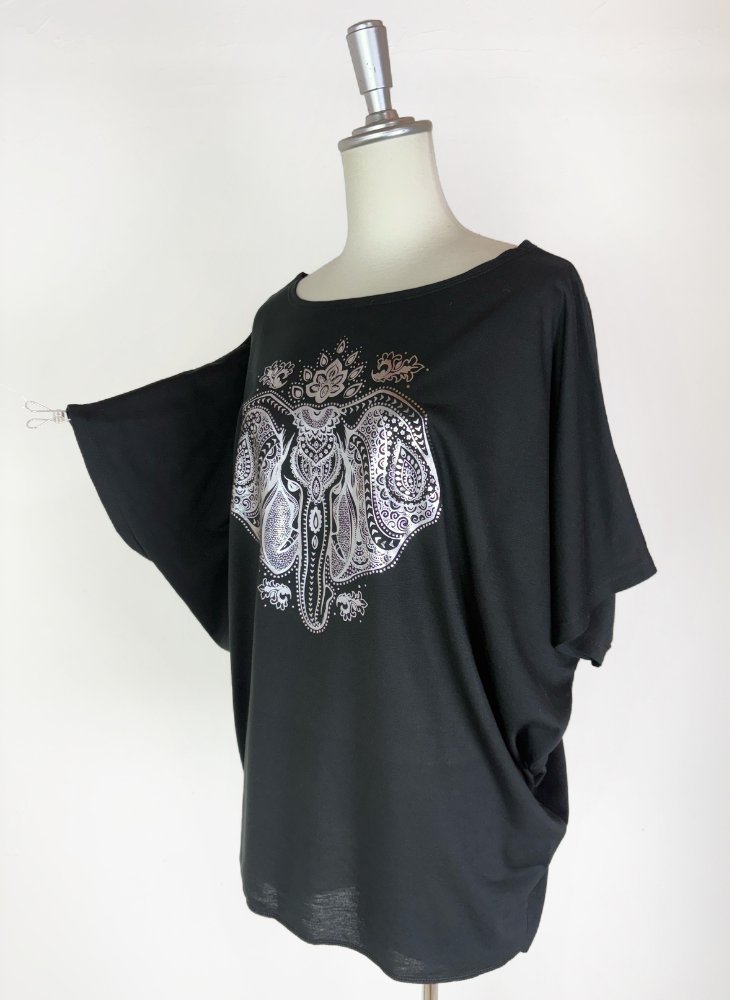 Tシャツ　ドルマン袖　夏　薄手　涼しい　ラメプリント　象柄の画像