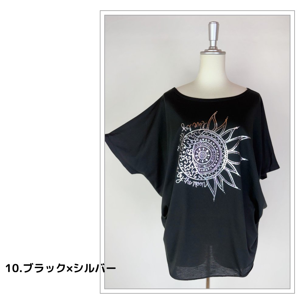 Tシャツ　ドルマン袖　夏　薄手　涼しい　ラメプリント　太陽と月柄の画像