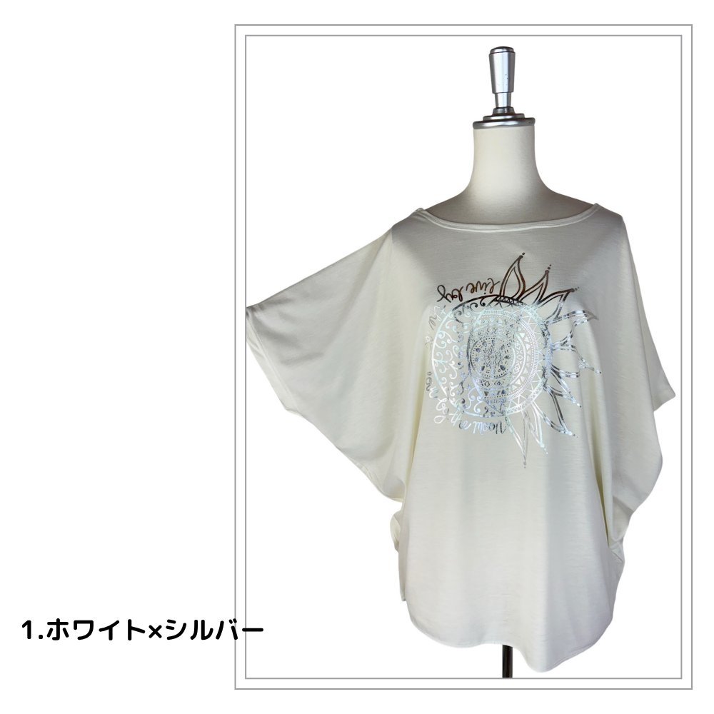 Tシャツ　ドルマン袖　夏　薄手　涼しい　ラメプリント　太陽と月柄の画像