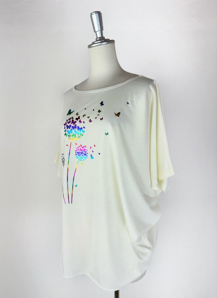 Tシャツ　ドルマン袖　夏　薄手　涼しい　ラメプリント　たんぽぽと蝶柄の画像