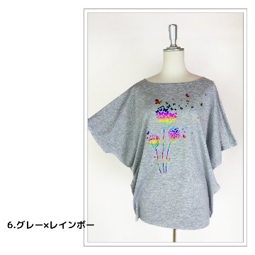 Tシャツ　ドルマン袖　夏　薄手　涼しい　ラメプリント　たんぽぽと蝶柄の画像