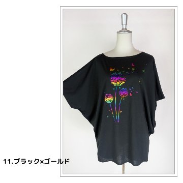 Tシャツ　ドルマン袖　夏　薄手　涼しい　ラメプリント　たんぽぽと蝶柄の画像