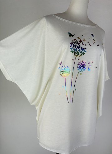 Tシャツ　ドルマン袖　夏　薄手　涼しい　ラメプリント　たんぽぽと蝶柄の画像