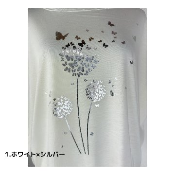 Tシャツ　ドルマン袖　夏　薄手　涼しい　ラメプリント　たんぽぽと蝶柄の画像