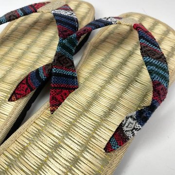 い草サンダル　和風　和装　ルームサンダル　スリッパ　軽量　鼻緒タイプ【ナチュラル×ゲリ生地】の画像