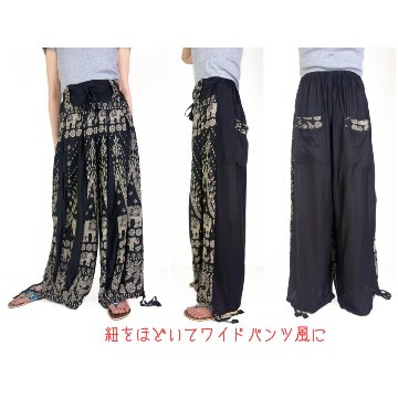 2WAYシルエット　タイパンツ　アラジンパンツ　ワイドパンツ　男女兼用　曼荼羅　象　ブラックの画像