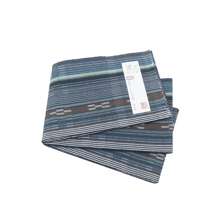 ＜お仕立て代込＞鈴木美緒 半幅帯「草木染・八重山ミンサー」 灰青に茶の画像