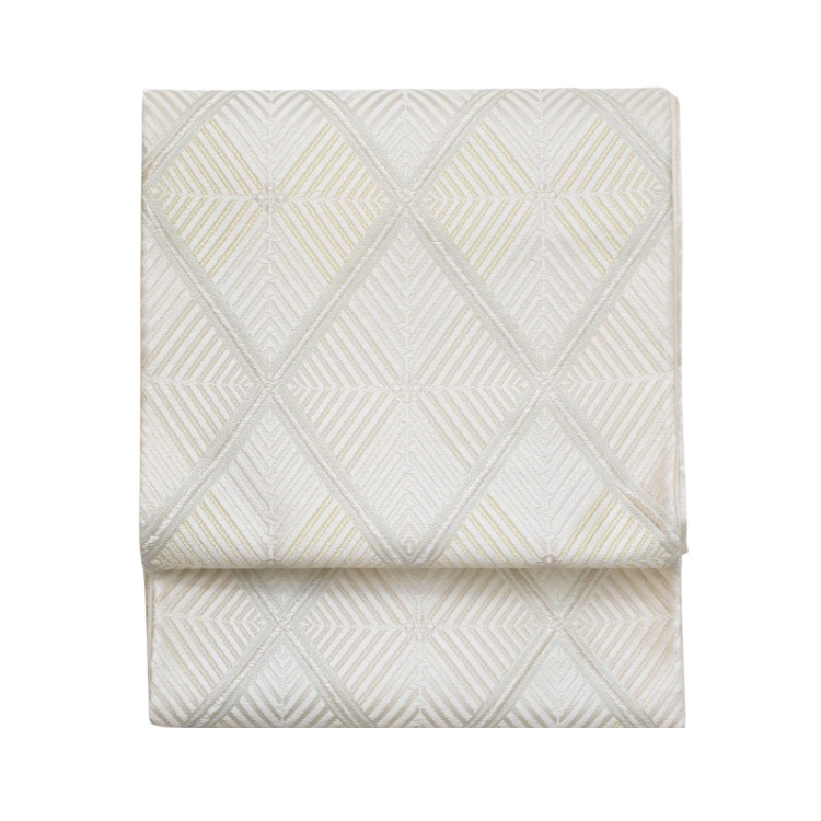 河合美術織物「松菱」袋帯（白・ベージュに白青、金銀糸）の画像