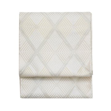 河合美術織物「松菱」袋帯（白・ベージュに白青、金銀糸）の画像