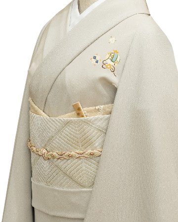 河合美術織物「松菱」袋帯（白・ベージュに白青、金銀糸）の画像