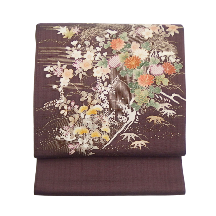 成謙 「春秋御所解」千成堂別注 九寸名古屋帯 染め帯 紫鳶色＜お仕立て代込＞の画像