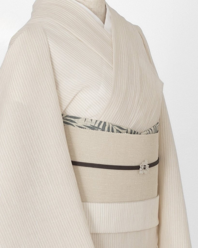 吉新織物 「小千谷縮」着尺 練色の縞(ベージュ系)＜お仕立て代込＞の画像