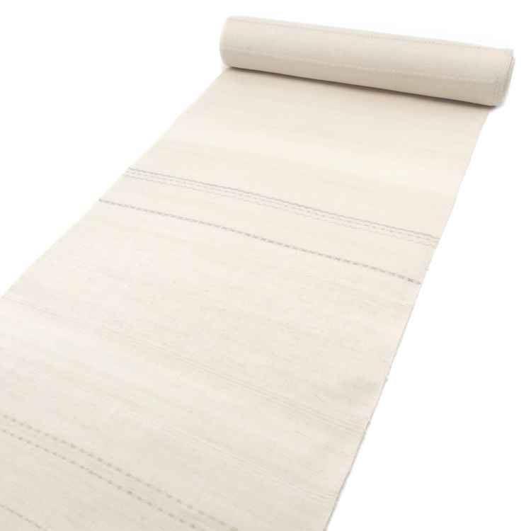 横山恵 「三才山紬 横段と浮織の着尺」千成堂別注 白磁（薄いグレージュ）に薄藍＜お仕立て代込＞の画像