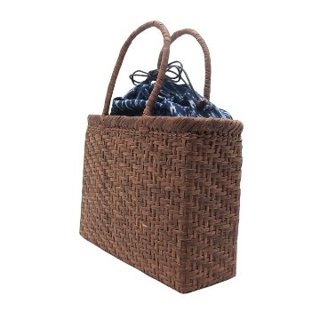 千成堂着物店「国産 山葡萄蔓のかごバッグ×手織絣の綿布」茶＜即日発送可＞の画像
