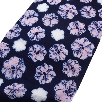 伝統工芸 有松絞 「万寿菊」浴衣 藍色に撫子色（灰ピンク系） 着尺（綿生地）＜お仕立て代込＞の画像