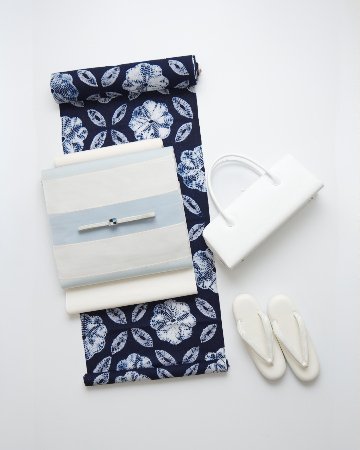 伝統工芸 有松絞 「七宝ボーロ花」 浴衣 藍色に白 着尺（綿生地）＜お仕立て代込＞の画像