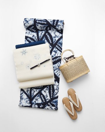 伝統工芸 有松絞 「茂み葉」 浴衣 濃藍色に白 着尺（綿生地）＜お仕立て代込＞の画像