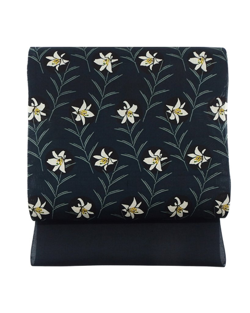 ＜4/15 21:00発売開始～＞武村小平 「ササユリ」千成堂別注九寸名古屋帯 錆鉄御納戸 夏帯〜単衣帯 染め帯 型染め＜お仕立て代込＞の画像