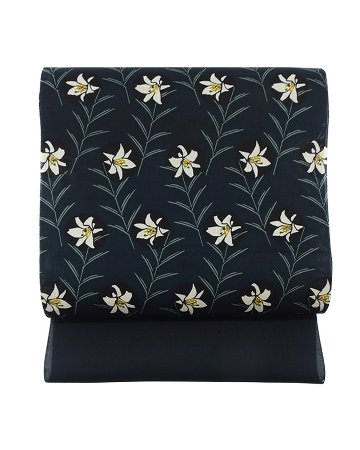 武村小平 「ササユリ」千成堂別注 九寸名古屋帯 錆鉄御納戸 夏帯〜単衣帯 染め帯 型染め＜お仕立て代込＞の画像