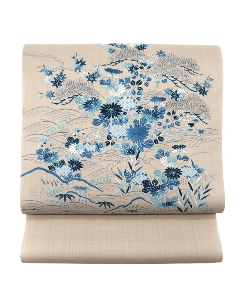 成謙「御所解菊に松」千成堂別注 九寸名古屋帯 染め帯 夏帯〜単衣帯 生成色＜お仕立て代込＞の画像