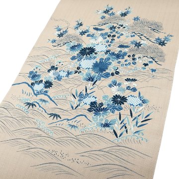 成謙「御所解菊に松」千成堂別注 九寸名古屋帯 染め帯 夏帯〜単衣帯 生成色＜お仕立て代込＞の画像