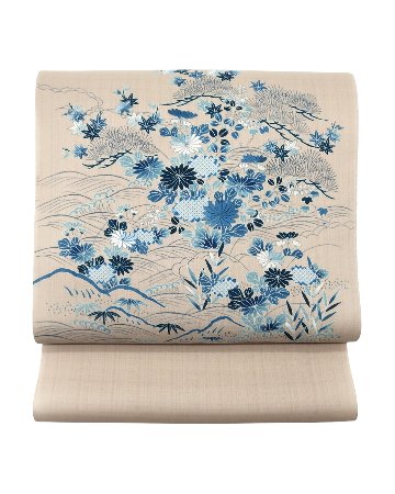 成謙「御所解菊に松」千成堂別注 九寸名古屋帯 染め帯 夏帯〜単衣帯 生成色＜お仕立て代込＞の画像