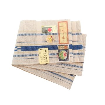 ＜お仕立て代込＞「八重山みんさー」 半幅帯 白茶に藍色 手織 伝統的工芸品の画像