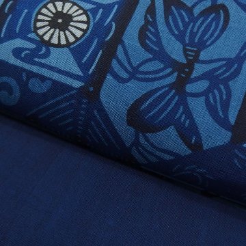 城間栄順 「デイゴ唐草幾何学文様 / 藍型」 千成堂別注 本場琉球紅型 九寸名古屋帯 染め帯  夏帯〜単衣帯＜お仕立て代込＞の画像