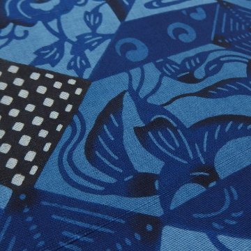城間栄順 「デイゴ唐草幾何学文様 / 藍型」 千成堂別注 本場琉球紅型 九寸名古屋帯 染め帯  夏帯〜単衣帯＜お仕立て代込＞の画像