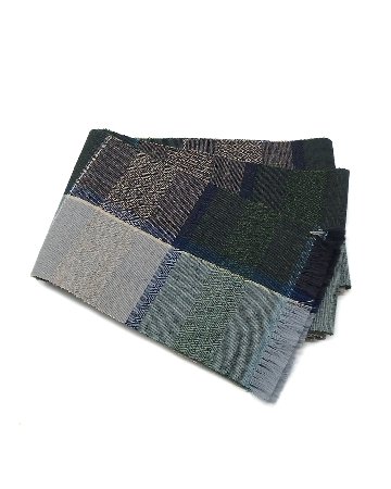 染織iwasaki（岩崎訓久・悦子）「菱とクロスと平織りの半巾帯」空色鼠と深緑と紺色 半幅帯の画像
